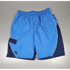 Nike‎ Swim Trunks Shorts Mens Large. Vintage Blue Abstract Ocean Swoosh Logo.
